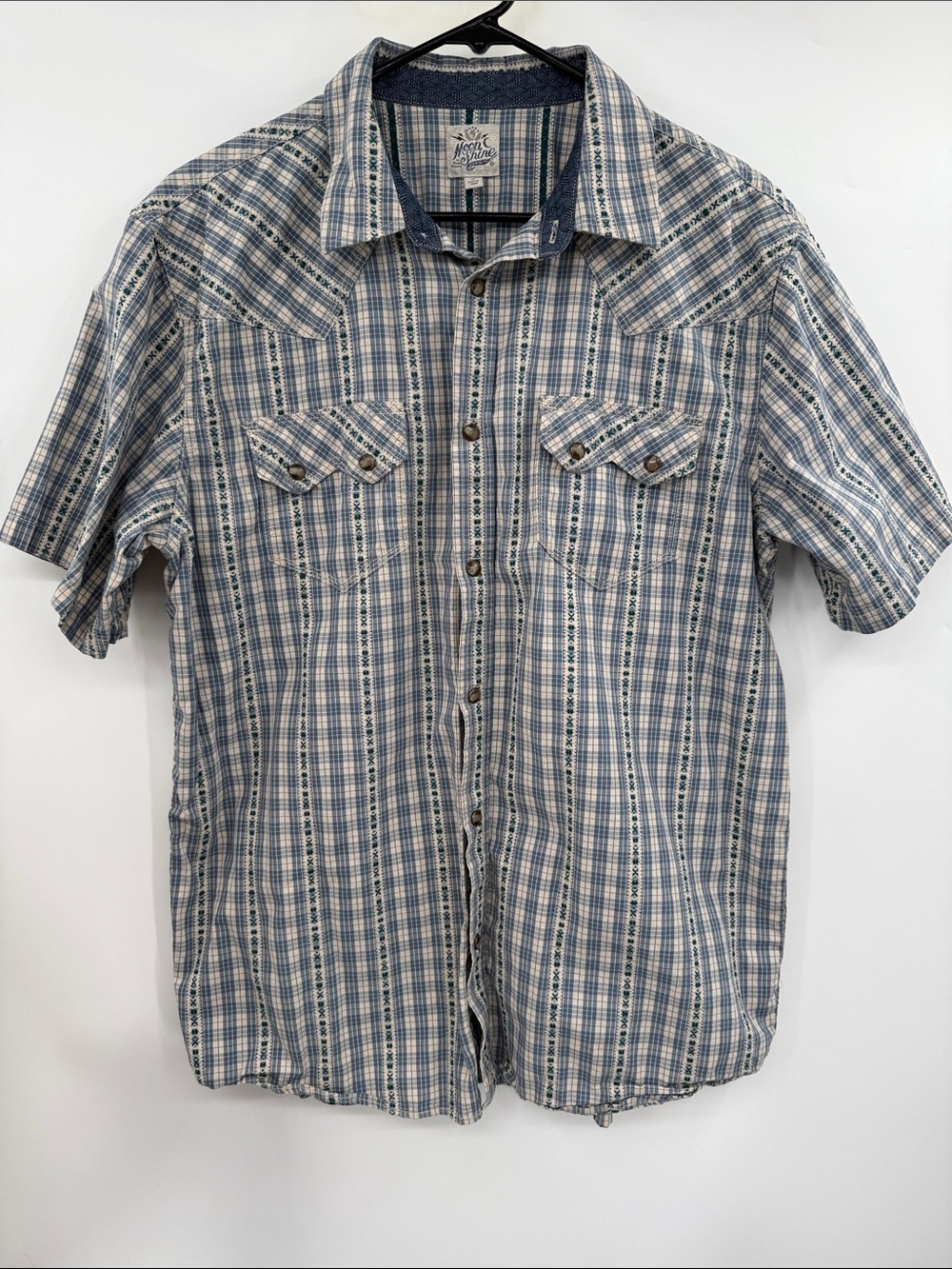 MoonShine Spirit Pearl Snap Boho Western Short Sleeve Plaid w/Floral Size L